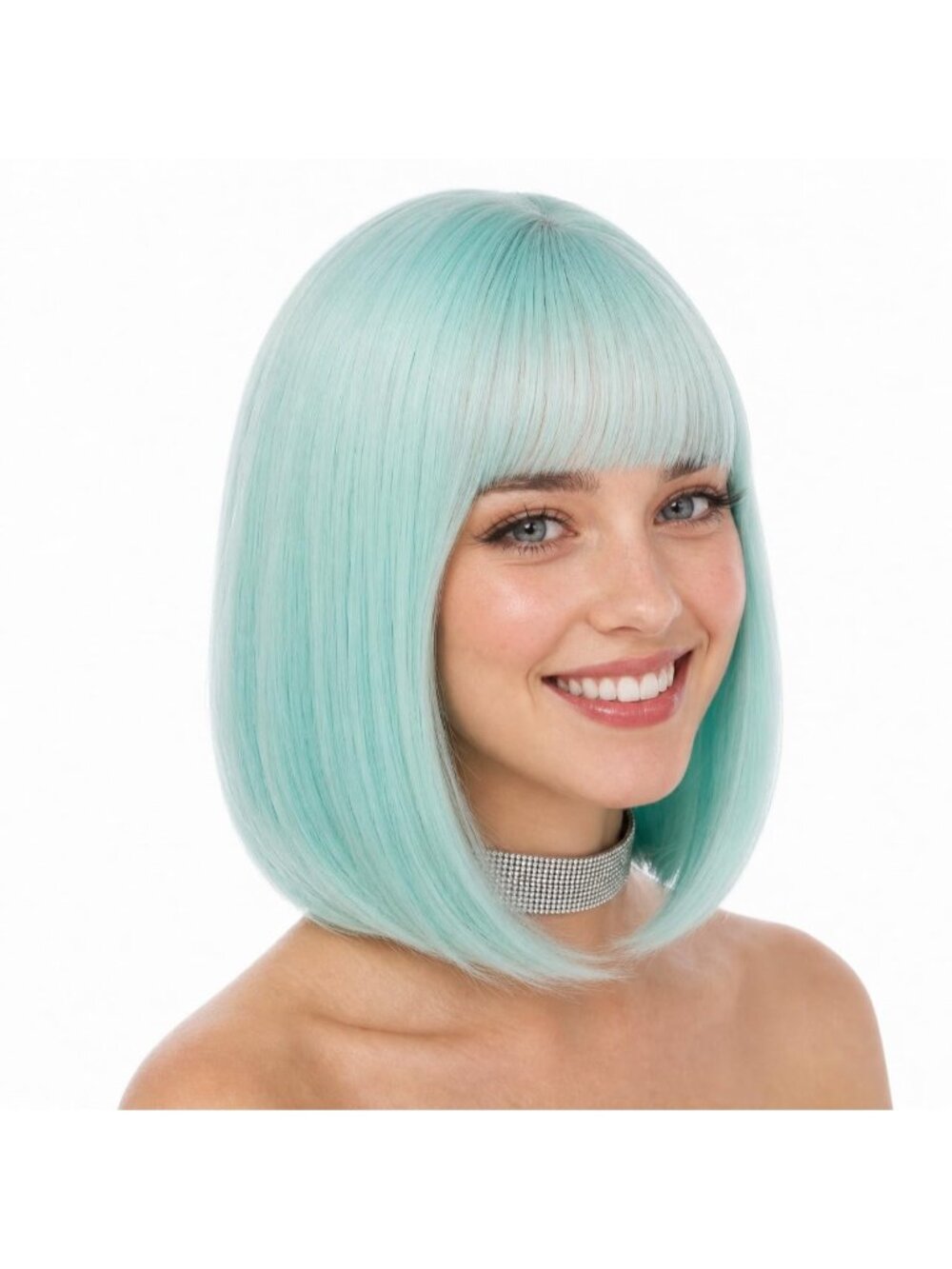 Women's Mint Green Short Straight Bob Wig with Bangs 12 Inch Synthetic Hair